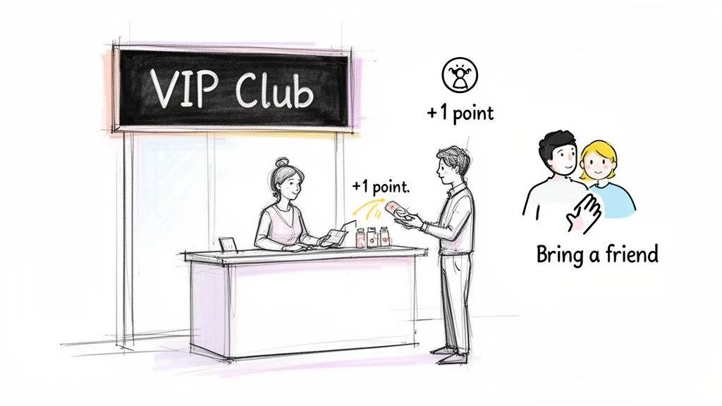 A VIP Club counter where a man earns a point for a purchase, and rewards are given for bringing a friend.