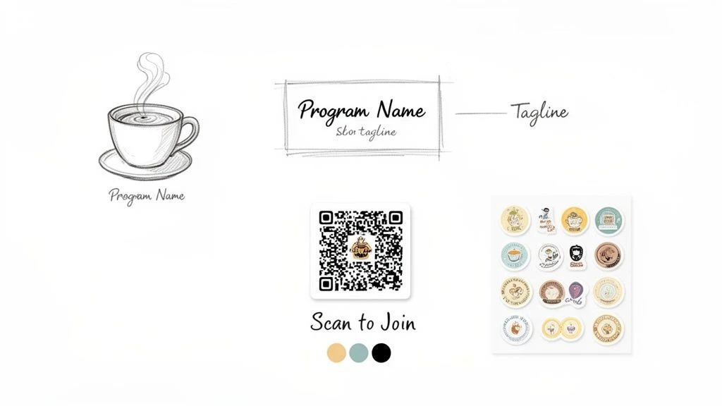 Concetto di visual branding per un programma di fidelizzazione al caffè, con schizzo di una tazza di caffè caldo, logo, codice QR e adesivi.