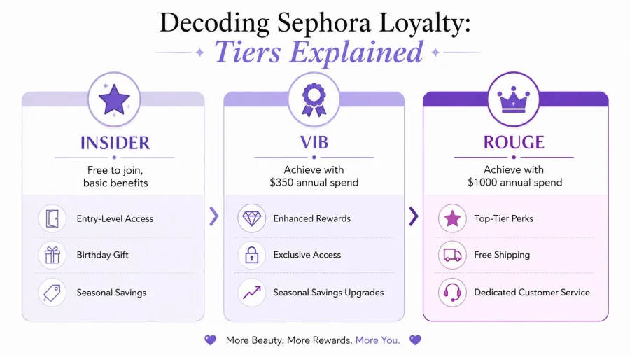 Wizualny przewodnik wyjaśniający poziomy programu lojalnościowego Sephora: Insider, VIB i Rouge wraz z wymaganiami dotyczącymi wydatków.