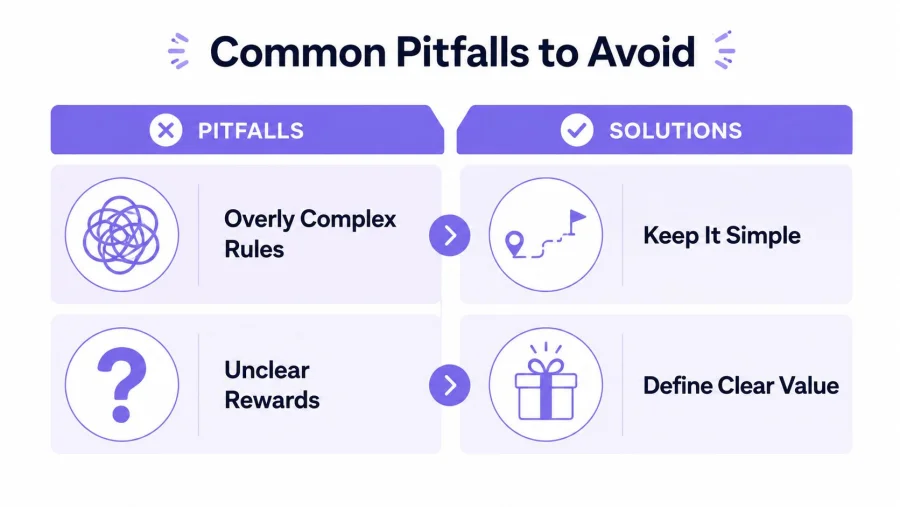 A visual guide showing two common loyalty program pitfalls and their corresponding simple solutions in a chart.