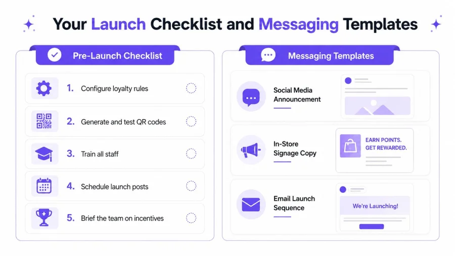 A visual guide titled Launch Checklist and Messaging Templates displaying steps for implementing a customer loyalty program.