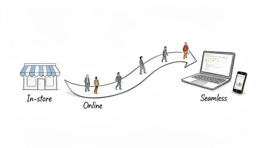 Un visuel illustrant le parcours du client, de l'achat en magasin à l'achat en ligne, conduisant à une expérience numérique transparente via l'ordinateur portable et le mobile.