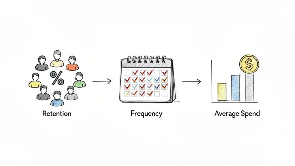 Ein visueller Prozessablauf der Kundenbindung, der sich auf die H&auml;ufigkeit und letztendlich auf die durchschnittlichen Ausgaben auswirkt.