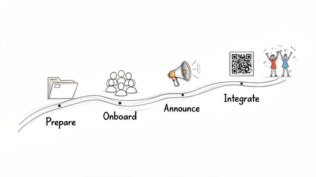 Egy vizu&aacute;lis folyamatfolyamat l&eacute;p&eacute;sekkel: elők&eacute;sz&iacute;t&eacute;s, besz&aacute;ll&aacute;s, bejelent&eacute;s, integr&aacute;l&aacute;s &eacute;s &uuml;nnepl&eacute;s.