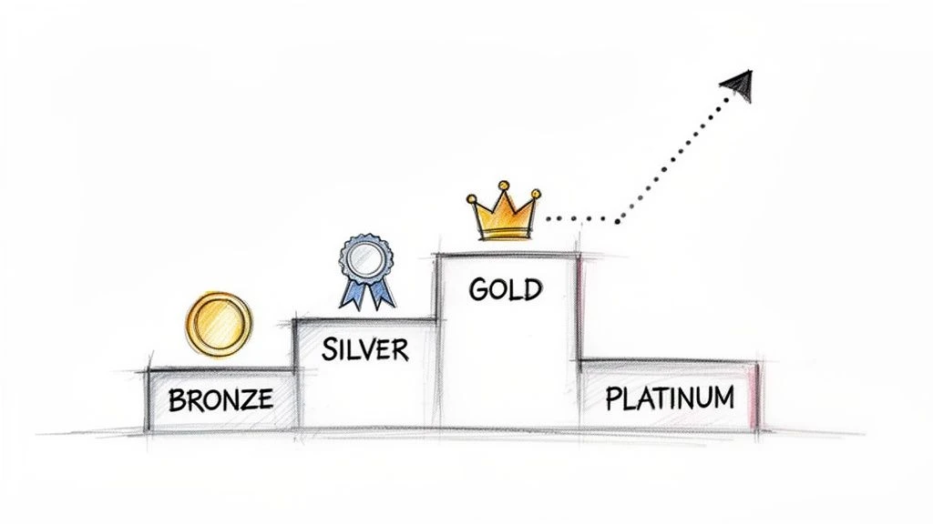 Eine visuelle Darstellung der verschiedenen Stufen des Kundenbindungsprogramms: Bronze, Silber, Gold, Platin, mit einem Pfeil nach oben, der den Fortschritt anzeigt.