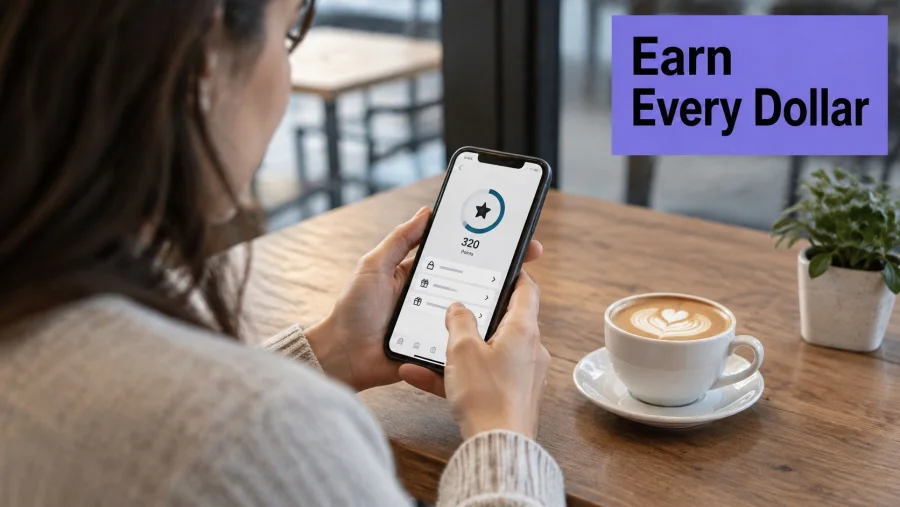 Mujer sosteniendo un smartphone que muestra un programa digital de puntos de fidelizaci&oacute;n en una cafeter&iacute;a acogedora.
