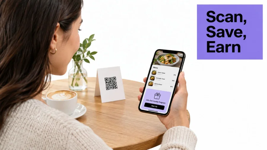 A woman scanning a restaurant QR code with her phone to access a digital menu and loyalty program.