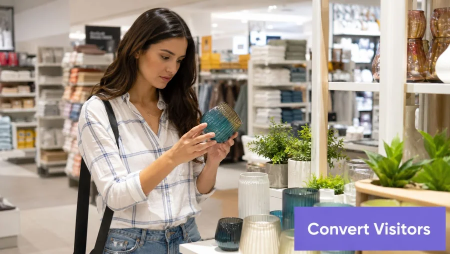 A woman shopping for home decor items while examining a blue glass candle holder in a store.