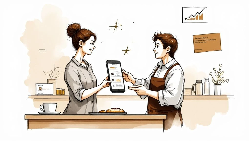 Kobieta pokazuje cyfrowe menu na swoim telefonie uśmiechniętemu bariście za ladą z ciastkami.