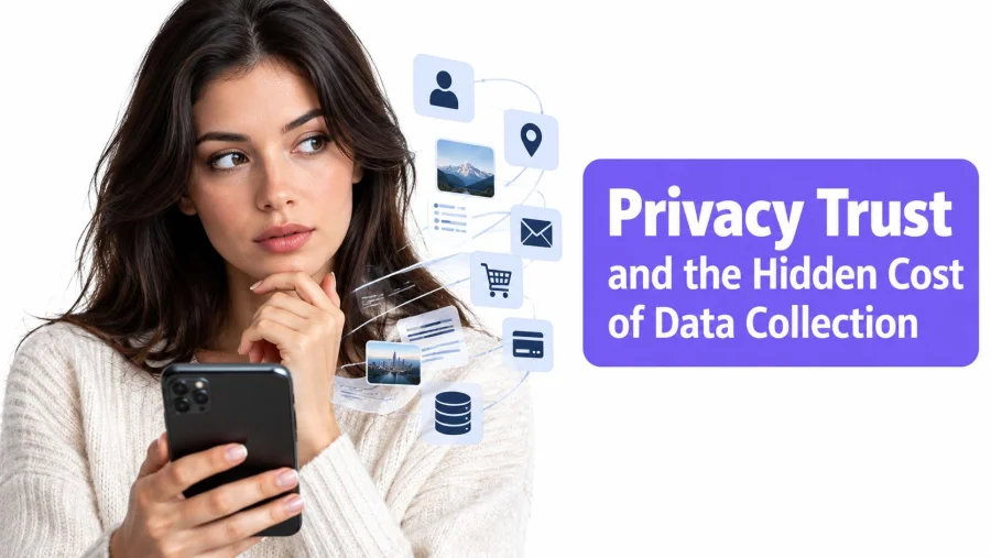 A woman thinking while looking at a smartphone with floating digital icons representing data collection and privacy.
