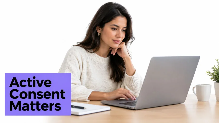 A woman working on a laptop at a desk with a purple sign that says Active Consent Matters.