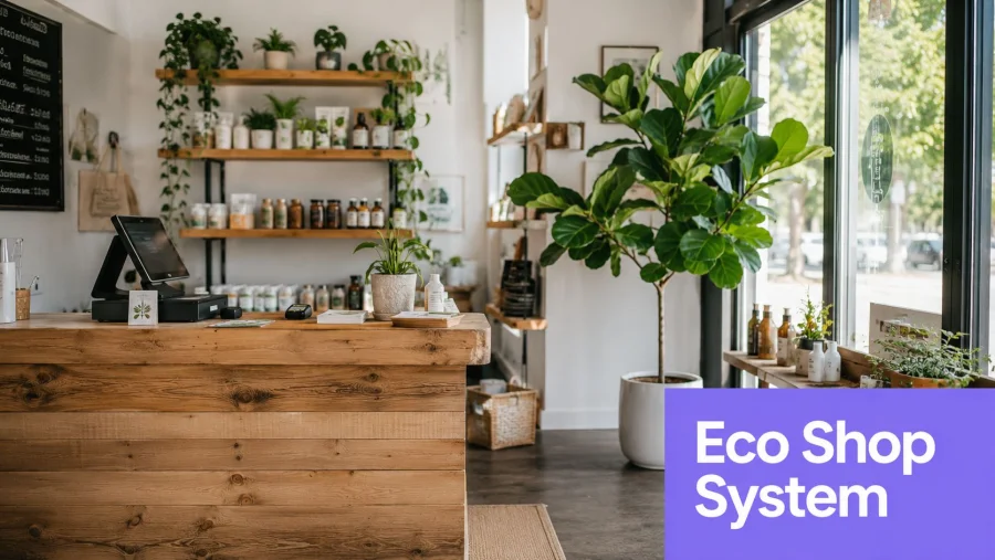 A wooden counter in a bright, modern eco-friendly shop featuring various natural products and potted plants.