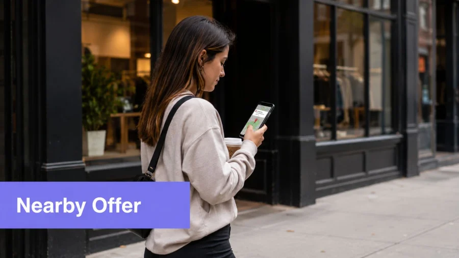 A young woman walking on a city sidewalk while looking at a mobile phone screen.