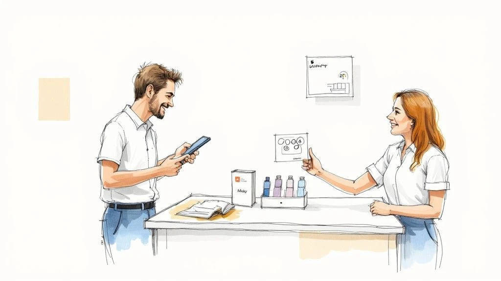 An illustration of a man and woman smiling at a counter. The man holds a phone, the woman displays a diagram.