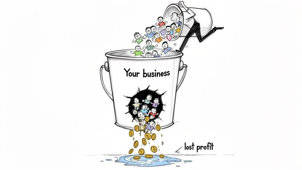 Ilustracja przedstawiająca mężczyznę wlewającego klient&oacute;w do nieszczelnego wiadra z napisem 