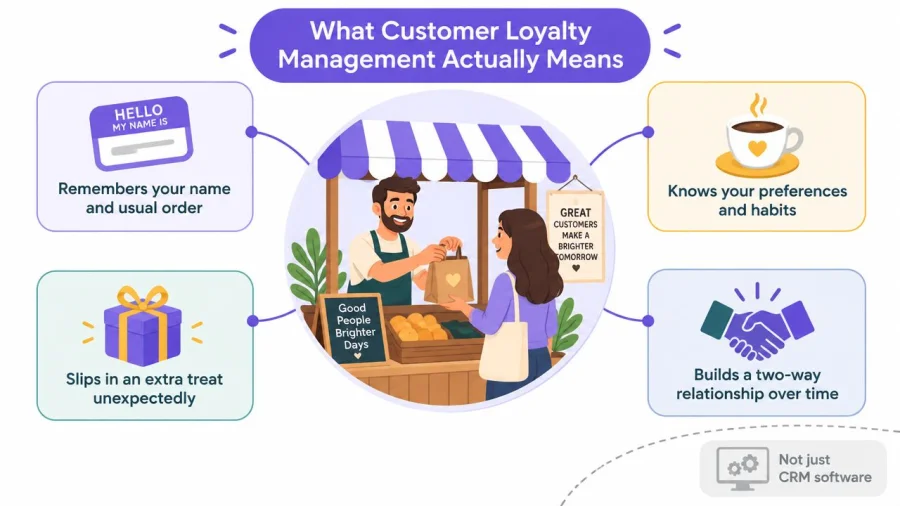 Una ilustraci&oacute;n que muestra los cuatro componentes clave de la gesti&oacute;n de la fidelizaci&oacute;n de clientes en torno a una interacci&oacute;n amable en tienda.