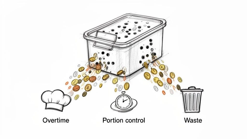 Eine Illustration zeigt M&uuml;nzen, die aus einem Beh&auml;lter auslaufen, was f&uuml;r Geld steht, das durch &Uuml;berstunden, Portionskontrolle und Verschwendung verloren geht.