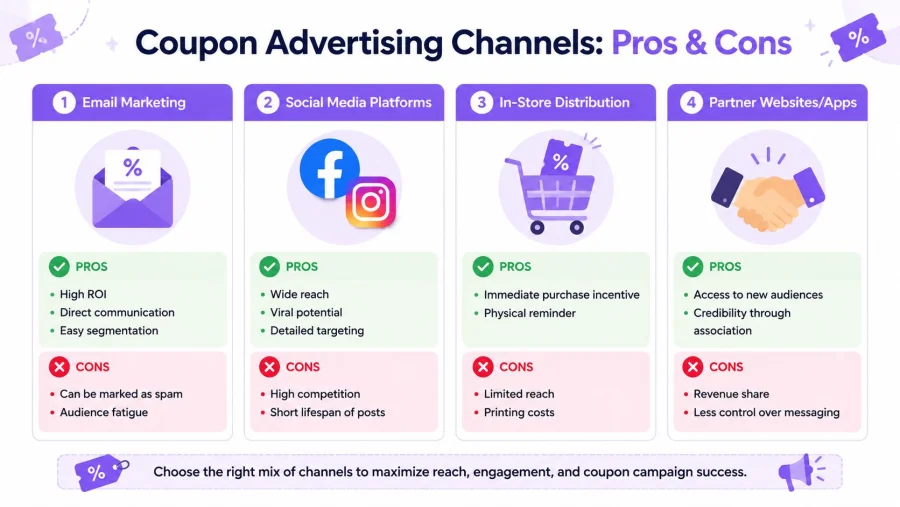 An infographic comparing pros and cons of four different advertising channels for marketing coupon campaigns.