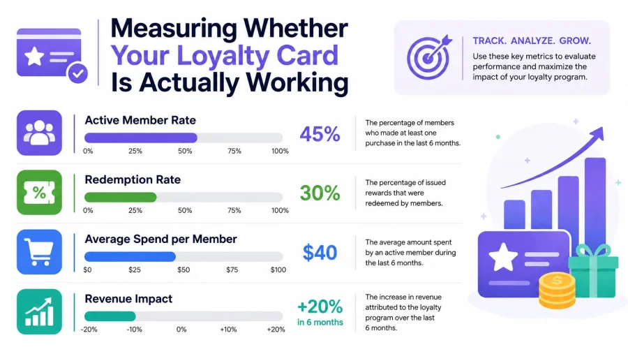 An infographic detailing four key performance metrics for measuring the effectiveness of a customer loyalty card program.