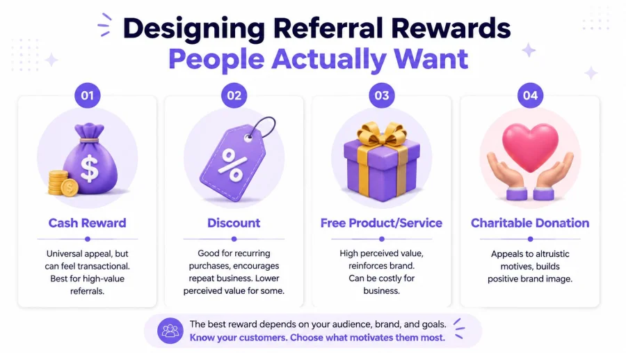 An infographic detailing four types of referral rewards: cash, discounts, free products, and charitable donations.