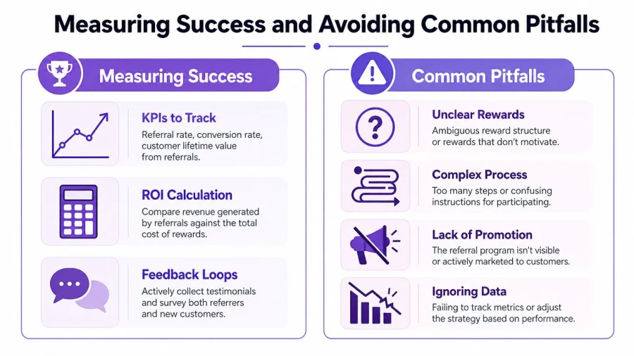 An infographic detailing strategies for measuring referral success and identifying common pitfalls in referral programs.