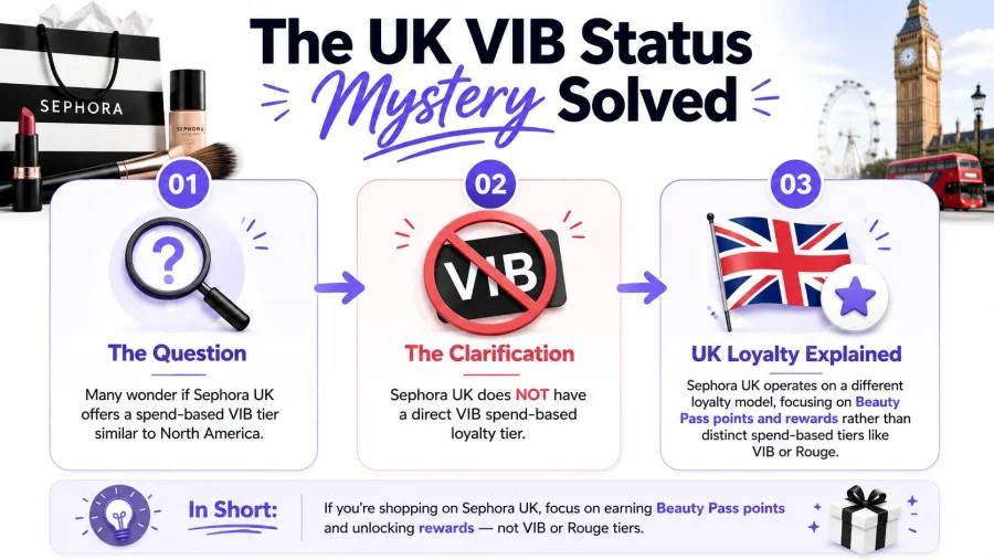 An infographic explaining that Sephora UK does not have a VIB loyalty tier like in North America.