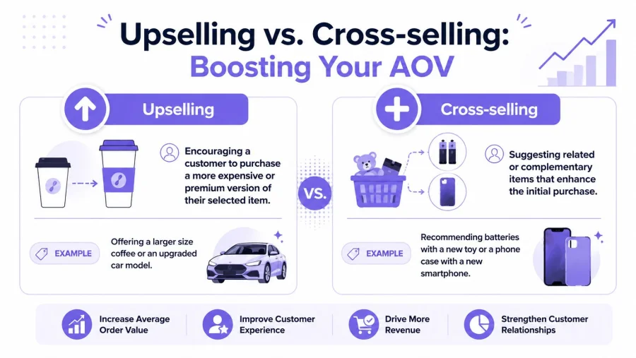 An infographic explaining the differences between upselling and cross-selling to help increase average order value.