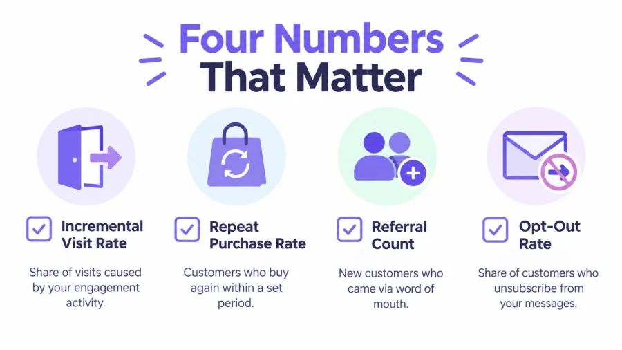 Infograf&iacute;a que destaca cuatro m&eacute;tricas clave para medir una estrategia de engagement de clientes: tasa de visitas incrementales, tasa de compra recurrente, tasa de recomendaci&oacute;n y tasa de bajas.