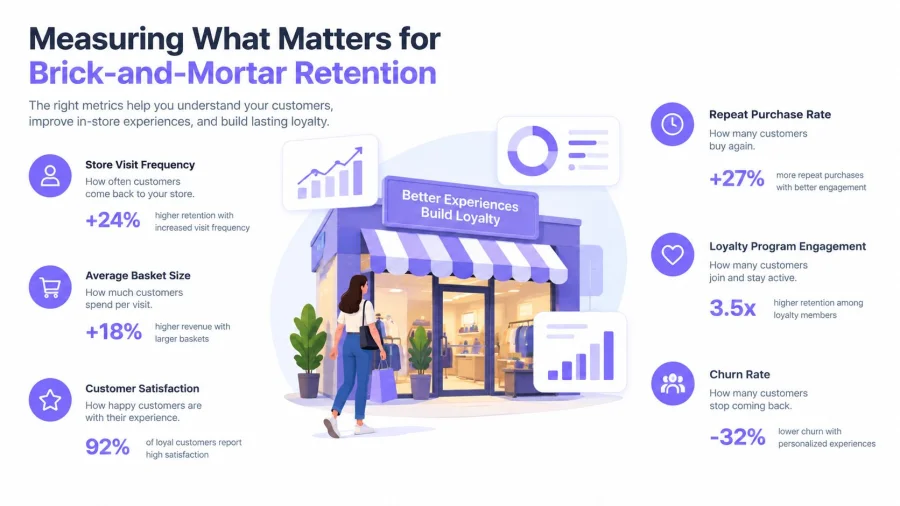 An infographic illustrating key metrics for brick and mortar retail customer retention and loyalty strategies.