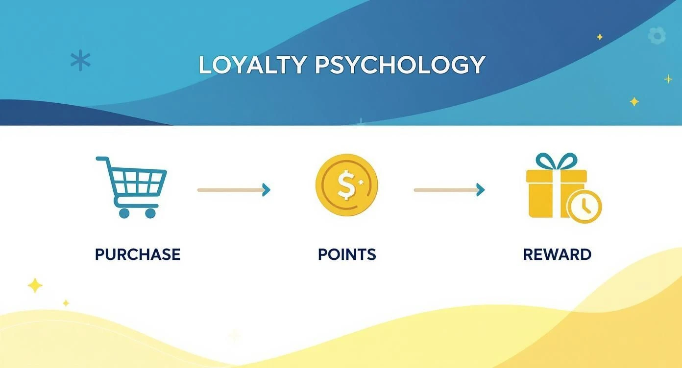 Infografika znázorňující psychologický proces věrnostního systému: nákup vede k bodům, které vedou k odměně.