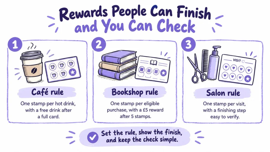 An infographic illustrating three simple loyalty stamp card rules for cafes, bookshops, and salons.