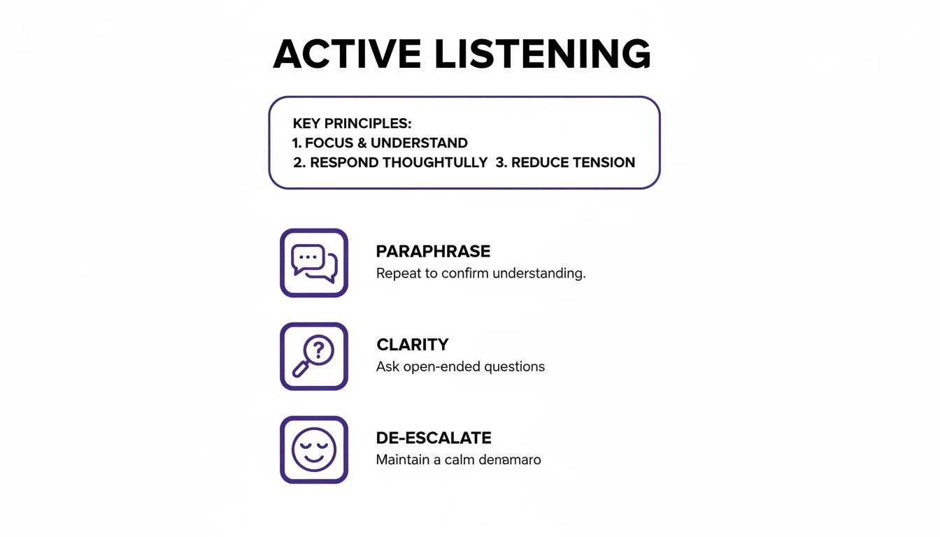 Eine Infografik zu den Grundsätzen des aktiven Zuhörens, wie z. B. sich konzentrieren, überlegt reagieren und Spannungen abbauen, mit Techniken wie Umschreibung, Klarheit und Deeskalation.