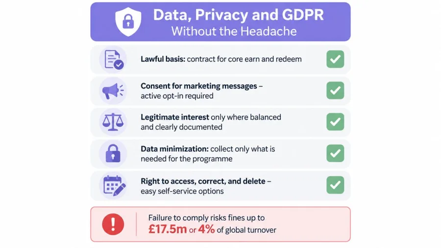 Una infograf&iacute;a que describe los principios de privacidad de datos y cumplimiento del RGPD para programas de gesti&oacute;n de fidelizaci&oacute;n de clientes, destacando los requisitos clave.