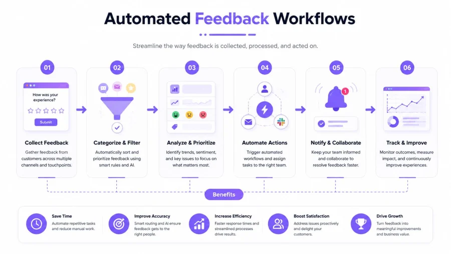 An infographic showing a six-step process for automated customer feedback workflows, including collection, analysis, and tracking.