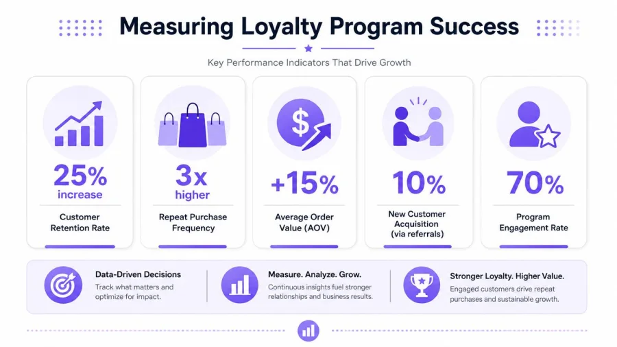 An infographic showing five key performance indicators for measuring loyalty program success, including retention rate and customer engagement.