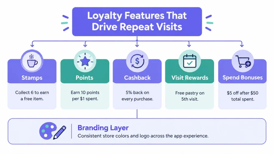 An infographic showing five loyalty program features and branding integration for mobile applications to drive repeat visits.