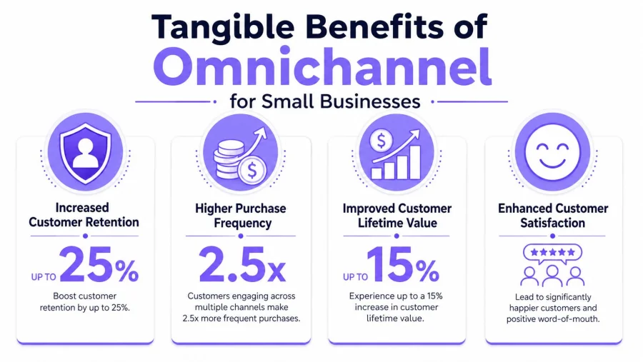 An infographic showing four tangible benefits of omnichannel strategies for small businesses, including increased retention, purchase frequency, and satisfaction.