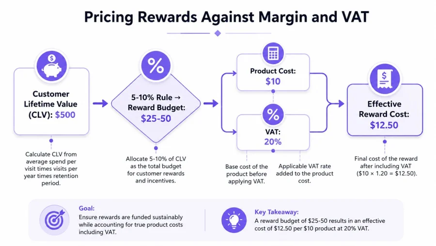 An infographic showing how to calculate reward budgets based on Customer Lifetime Value, product costs, and VAT.