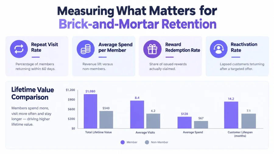 An infographic showing key retention metrics and a comparison of customer lifetime value between members and non-members.