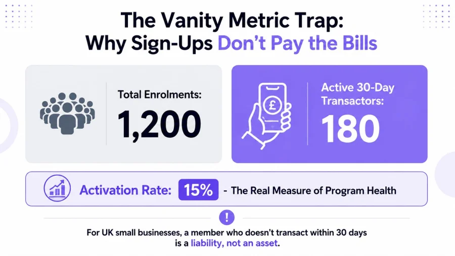 An infographic showing that active 30-day transactors are a more important metric than total sign-up enrollments.