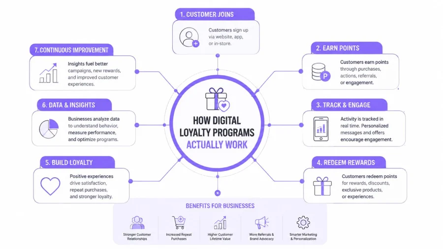 Una infograf&iacute;a que muestra el proceso del ciclo de vida de siete pasos sobre c&oacute;mo funcionan los programas de fidelizaci&oacute;n digital para empresas.