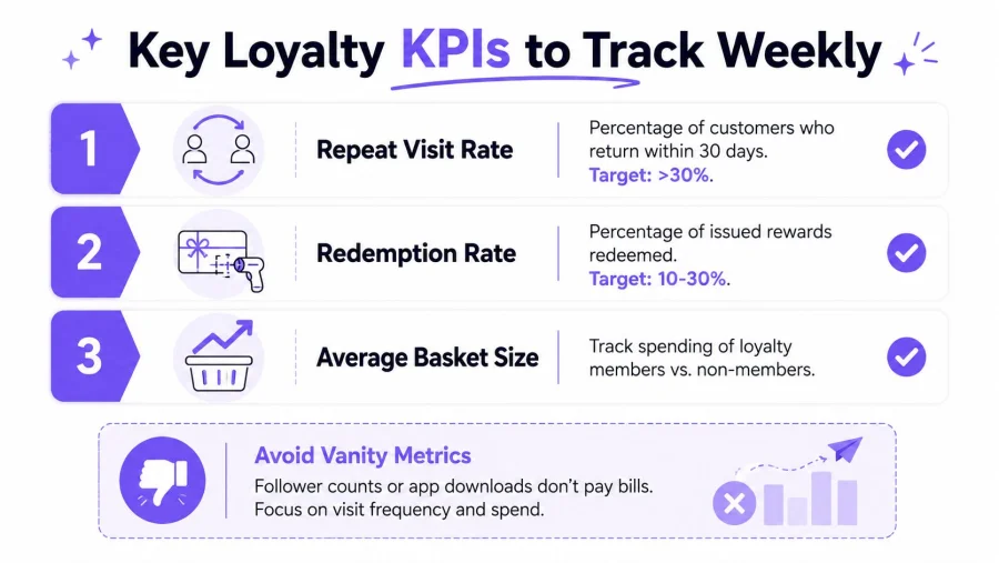 Una infograf&iacute;a que muestra tres KPIs clave de fidelizaci&oacute;n a seguir semanalmente: tasa de visitas recurrentes, tasa de canje y valor medio del ticket.