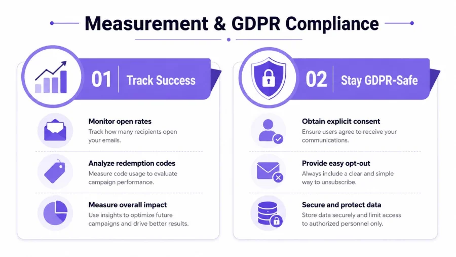 An infographic titled Measurement & GDPR Compliance comparing email campaign tracking strategies and privacy protection requirements.