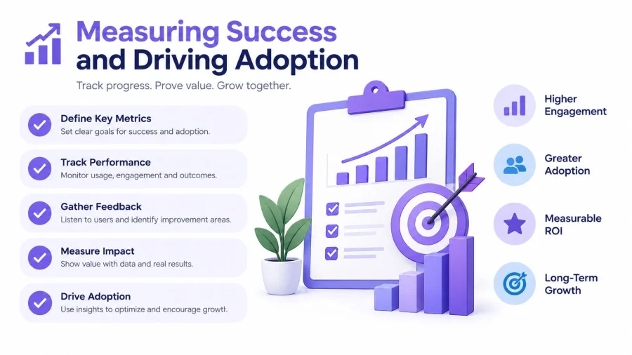An infographic titled Measuring Success and Driving Adoption showing steps to track performance and increase business growth.