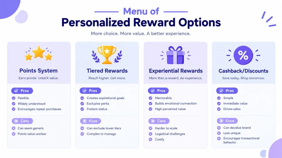 An infographic titled Menu of Personalized Reward Options showing four loyalty reward types with pros and cons.