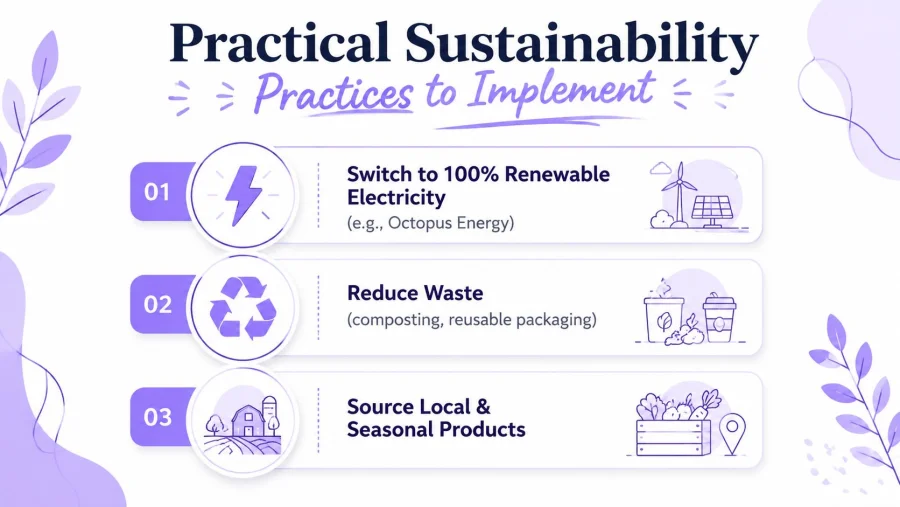 An infographic titled Practical Sustainability listing three key ways to implement sustainable business practices effectively.