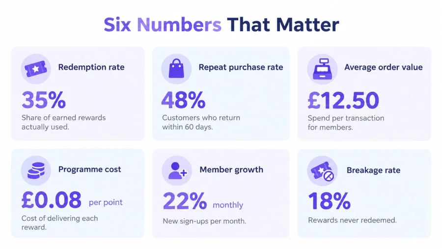 An infographic titled Six Numbers That Matter displaying key metrics for loyalty and customer reward programs.