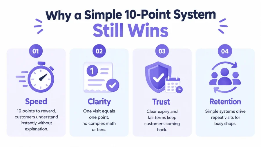 Una infograf&iacute;a titulada Por qu&eacute; un sistema simple de 10 puntos sigue ganando, que destaca beneficios como rapidez, claridad, confianza y retenci&oacute;n.