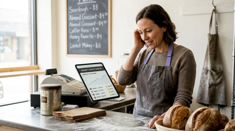 Il proprietario di una panetteria esamina il cruscotto di fidelizzazione mobile