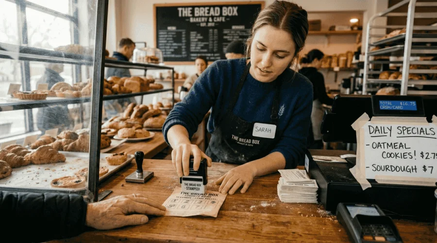 Personnel d'une boulangerie apposant un tampon sur la carte de fid&eacute;lit&eacute; d'un client